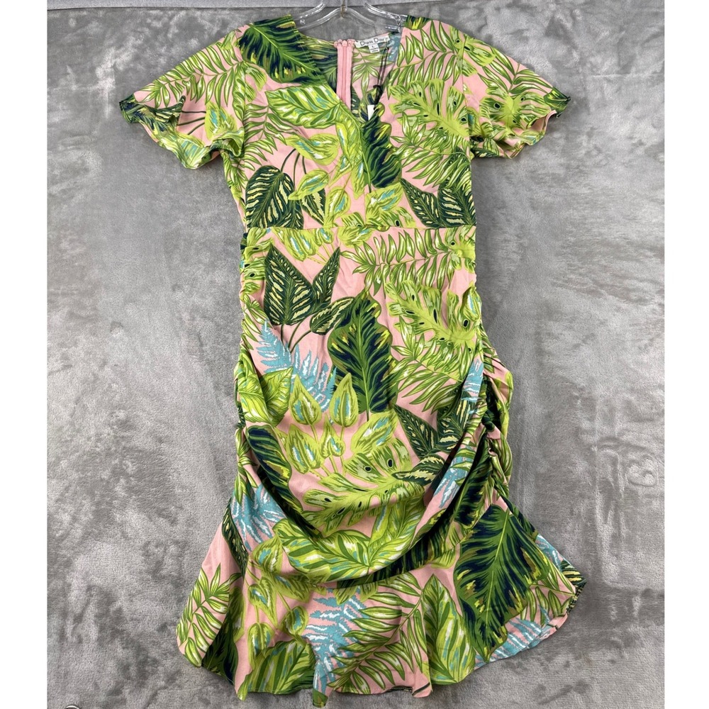 Dress Day Dress Womens Large Bodycon Pink Green Tropical Leaf Ruched NEW